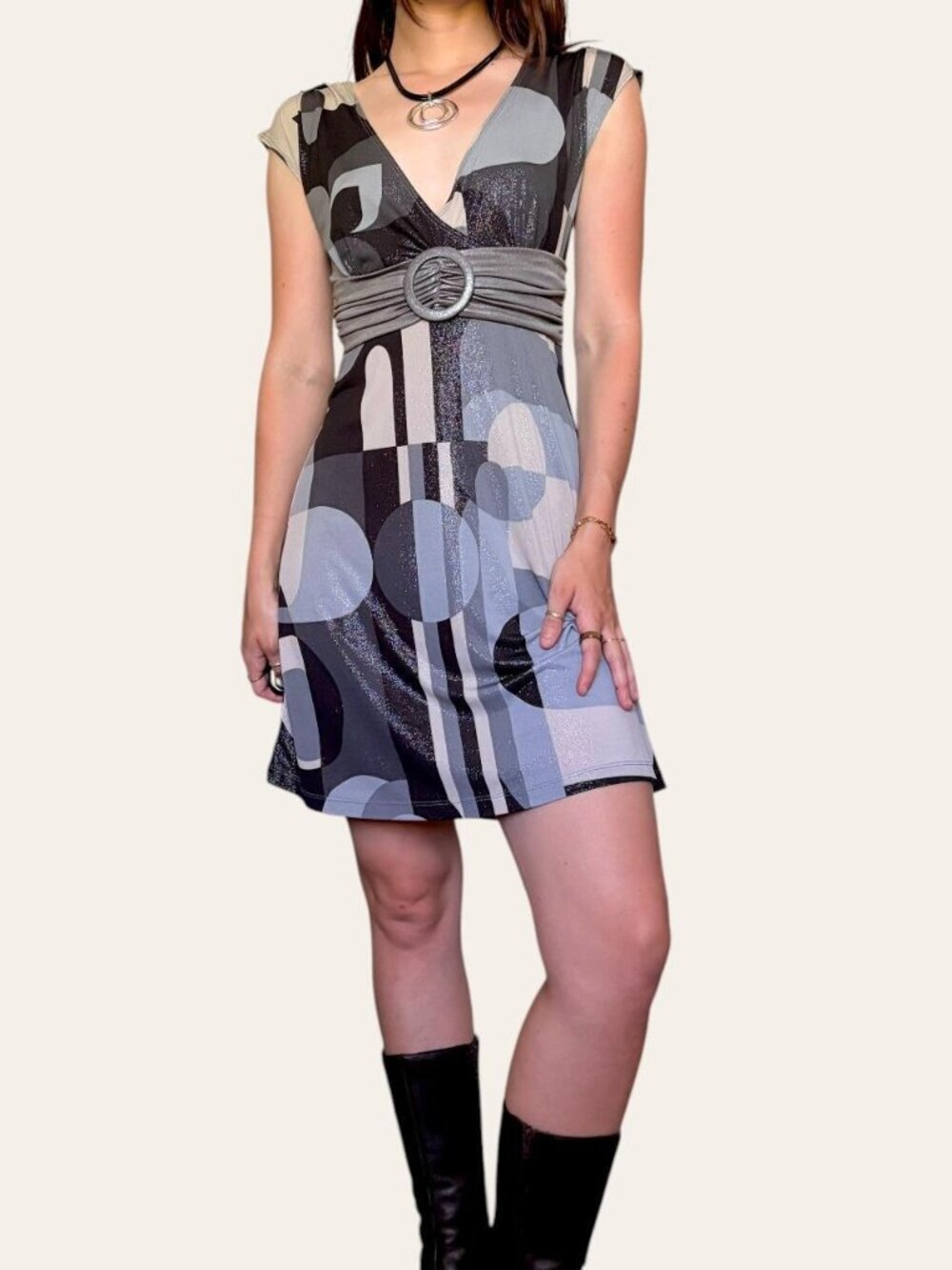 Y2K vintage Fire Los Angeles geometric metallic v-neck mini belted club dress